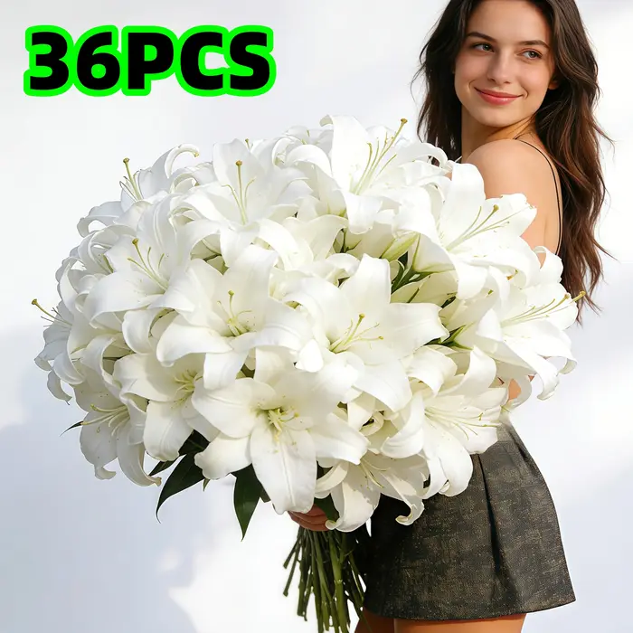 36 grands lys artificiels blancs - Fleurs au toucher réaliste