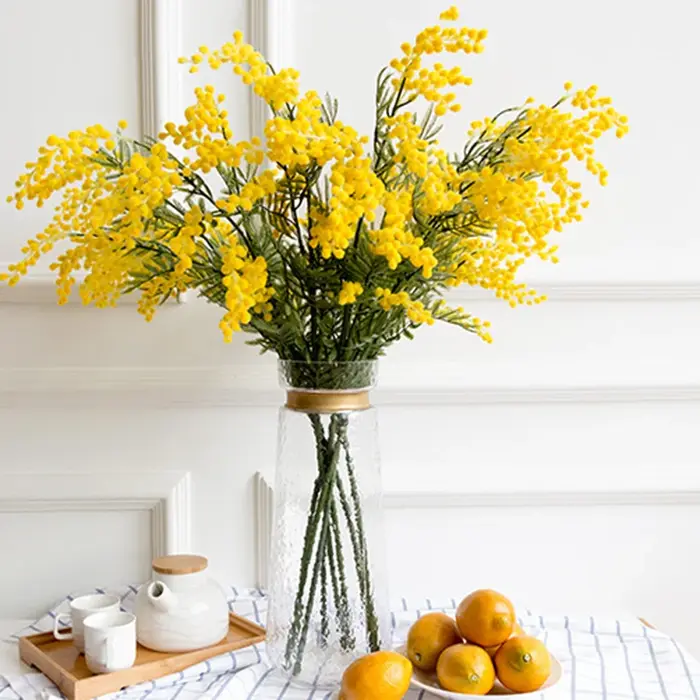 1 pièce, branche de fleur de mimosa artificielle blanche et jaune de 86 cm avec feuilles vertes, décoration de mariage, décoration de la maison, fleur d'acacia en soie, plantes artificielles