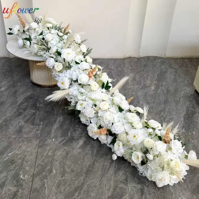 Uflower 100/200 cm blanc Rose vert feuille artificielle longue chemin fleur rangée