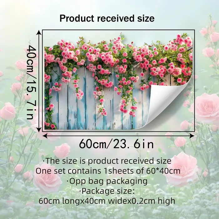 Papier peint mural floral 3D rose, papier peint vintage bleu avec clôture en bois, décoration murale