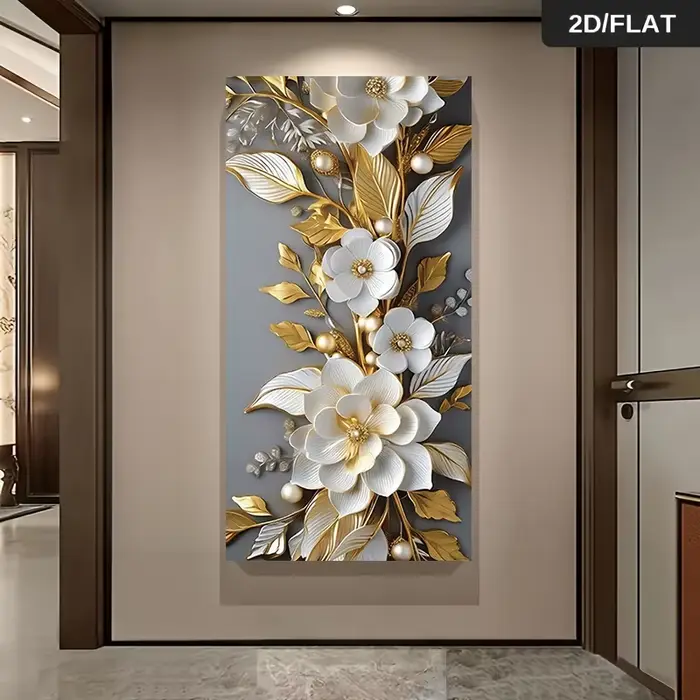 1 peinture sur toile moderne et luxueuse avec des fleurs dorées et blanches, décoration en perles, peinture suspendue sans cadre, pour salon