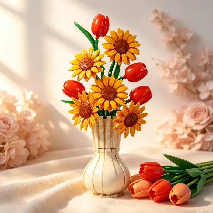KNEW BUILT Bouquet de Fleurs Éternelles en Blocs de Construction – Ornement Romantique pour Mariage, Décoration Élégante pour la Maison, Cadeau pour la Journée de la Femme, Jouet Anti-Stress