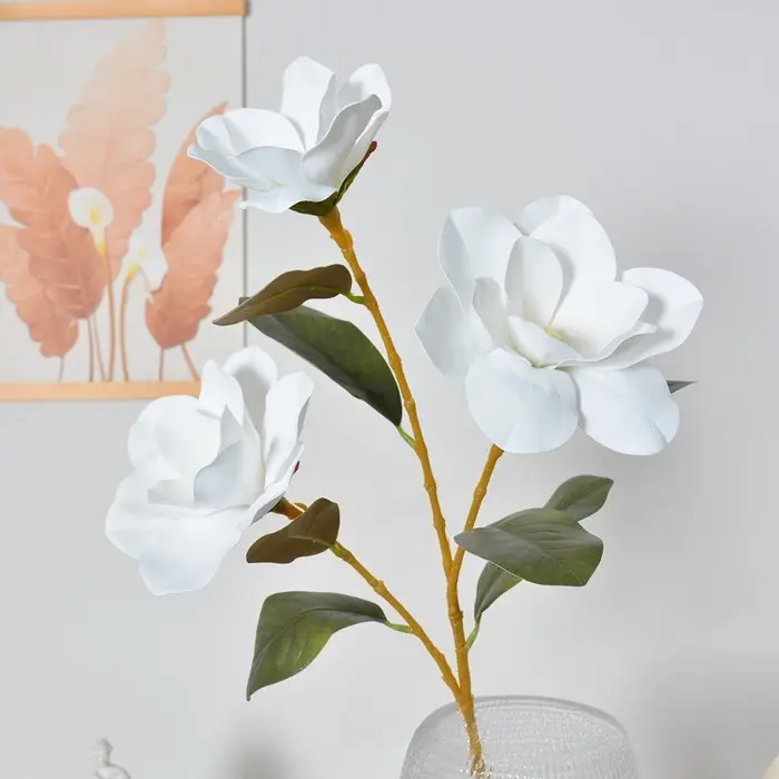 4/5 pièces de fleurs artificielles en film, magnolias couleur champagne, décoration de salon, fausse