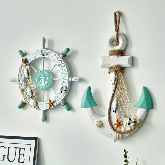 Lot de 2 gouvernails et ancre de bateau en bois nautique avec corde
