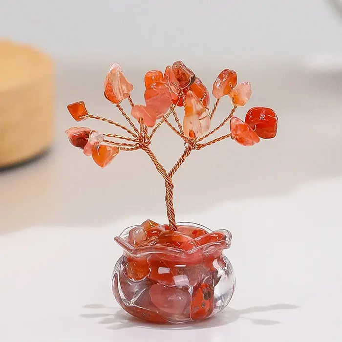 Arbre d'argent en cristal jaune naturel, Mini Agate rouge, ornement de bureau, dessin animé Feng Shu