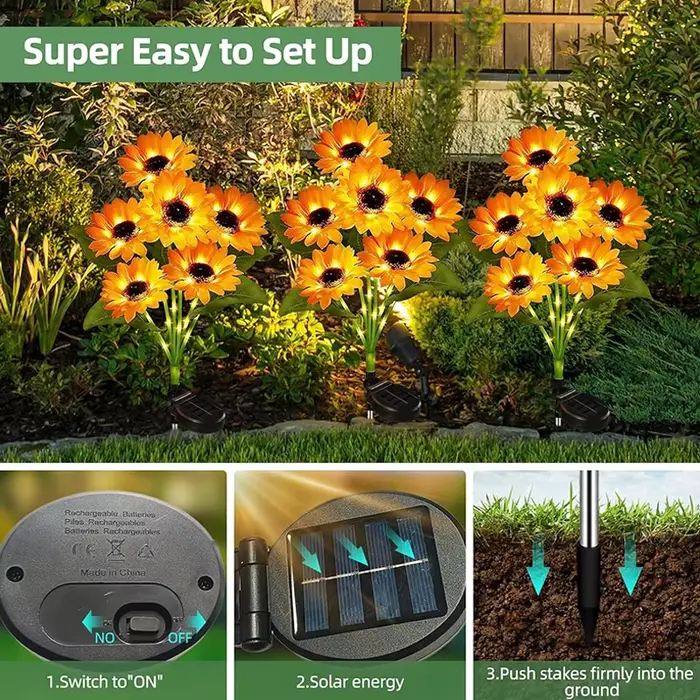 Lampes solaires d'extérieur en forme de tournesol avec tige lumineuse