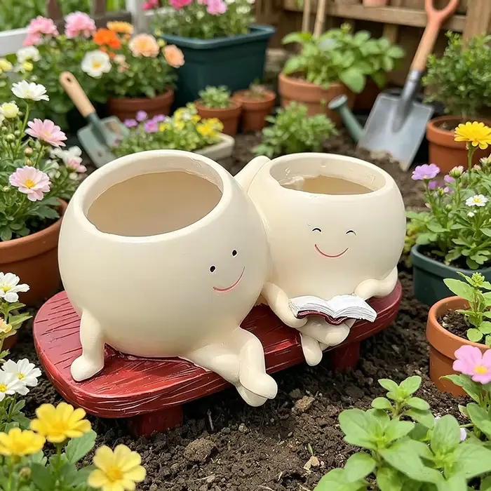 Pot de fleurs en résine mignon pour plantes succulentes, décoration intérieure et extérieure, pot à double tête, décoration de bureau unique