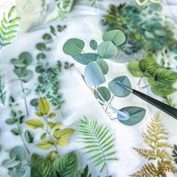 1 paquet de 40 autocollants décoratifs en PET en forme de feuilles de plantes vertes pour scrapbooking