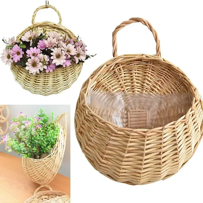 Panier mural suspendu en rotin tressé fait main pour fleurs et plantes L9O2