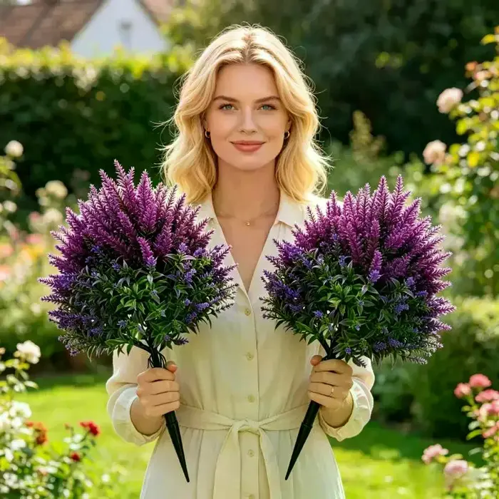 Plante artificielle en forme de lavande, fleur violette artificielle sur piquet pour jardin, cour, patio, pelouse, décoration extérieure