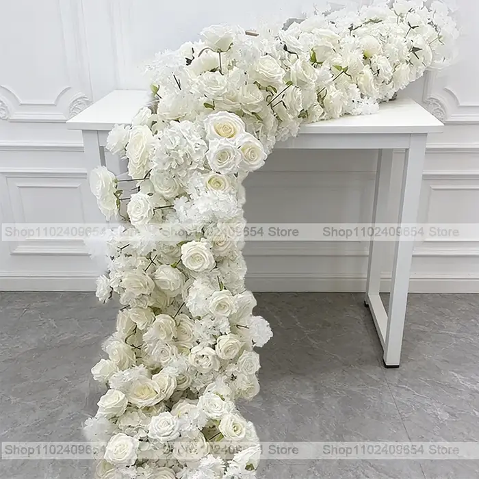 200/50cm Guirlande de fleurs artificielles de roses blanches de luxe pour centre de table de mariage