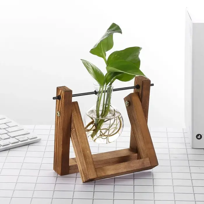 Pot de fleurs en verre avec cadre en bois