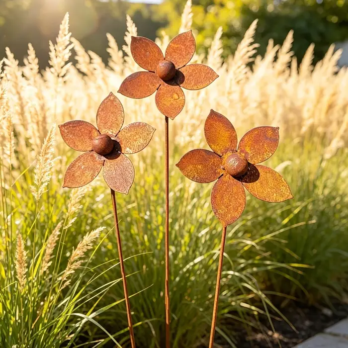 Décoration de jardin en métal rustique avec fleurs en métal rouillé, idéale pour le jardin, la cour, la pelouse, la terrasse et la décoration extérieure.