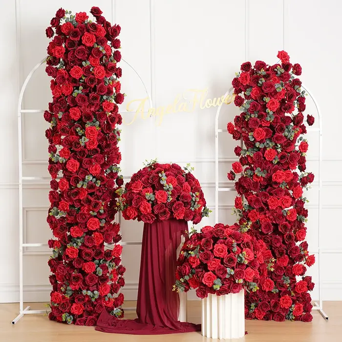 A8114 bordeaux rouge Rose vert feuille d'eucalyptus arc de mariage arrangement de rangée florale centre de Table