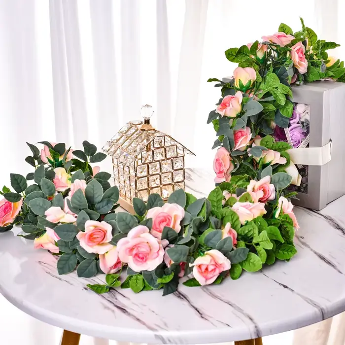 Rose artificielle vigne 16 fleurs de tête longueur 220cm fausse plante verte fleur