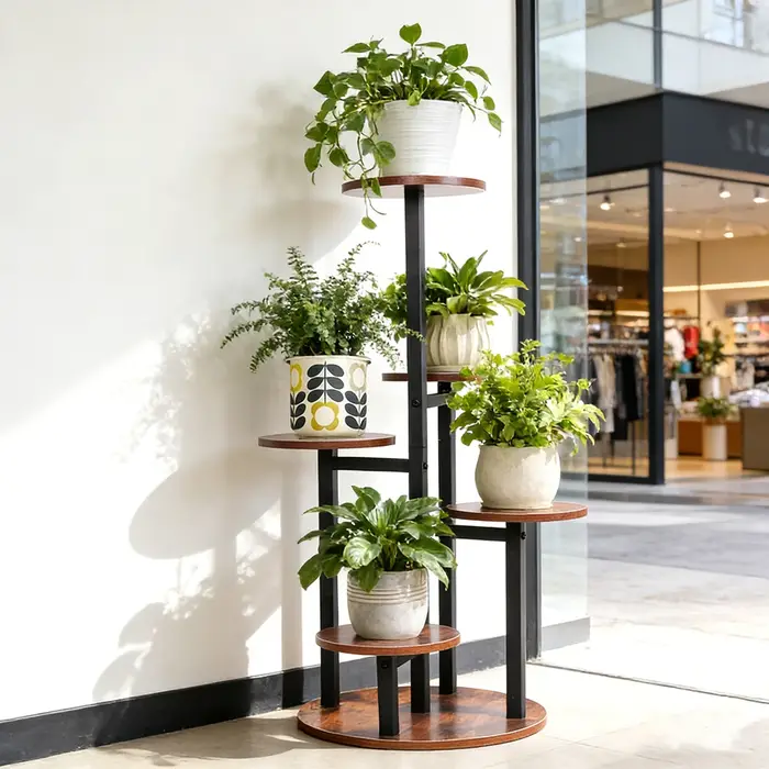 Support à plantes rustique à 5 niveaux en bois et métal - Étagère à fleurs multi-niveaux pour intéri