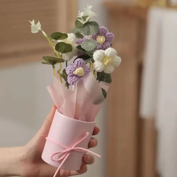 Fleurs au Crochet tricotées faites à la main avec seau, Bouquet de fleurs artificielles tissées colo