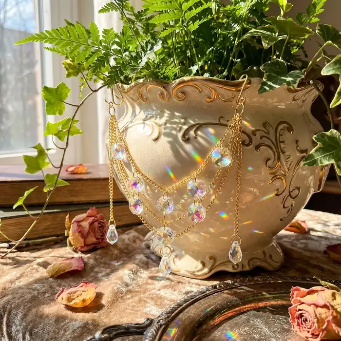Support de plante attrape-soleil avec perles et cristaux de verre