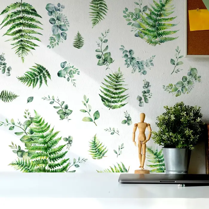 Autocollants muraux en forme de feuilles de plantes vertes pour la décoration de salon