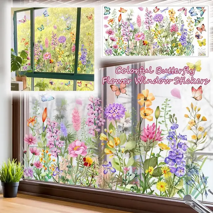 Autocollant mural statique coloré papillon et fleur