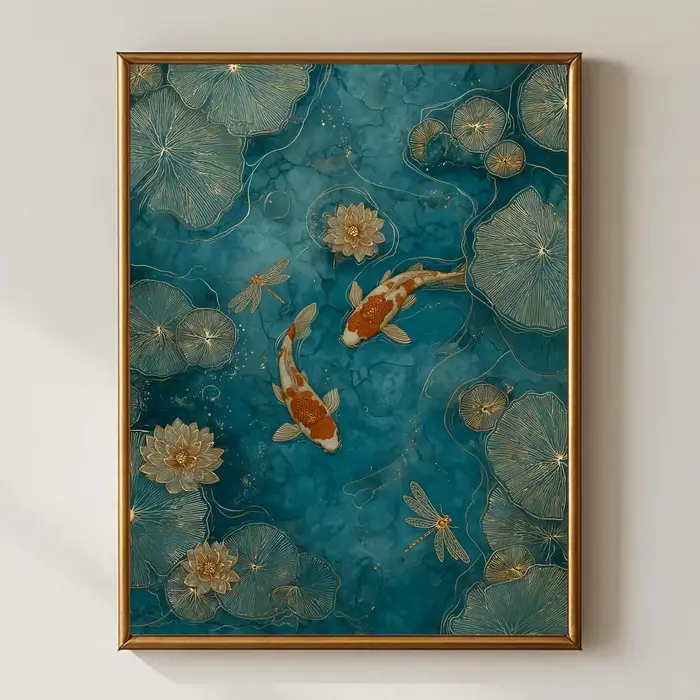 Art mural élégant avec poissons koï – Décoration de bassin vert émeraude