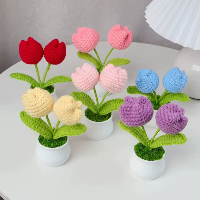 Tulipes Crochet fleur en pot créatif tissé Rose fleurs fini tricoté plante tulipanes Tejidos