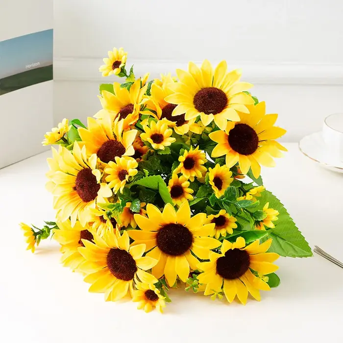 Tournesols artificiels, arbustes, bouquet de fleurs artificielles pour la décoration de jardin, maison, pièce, mariage, café, magasin, fête