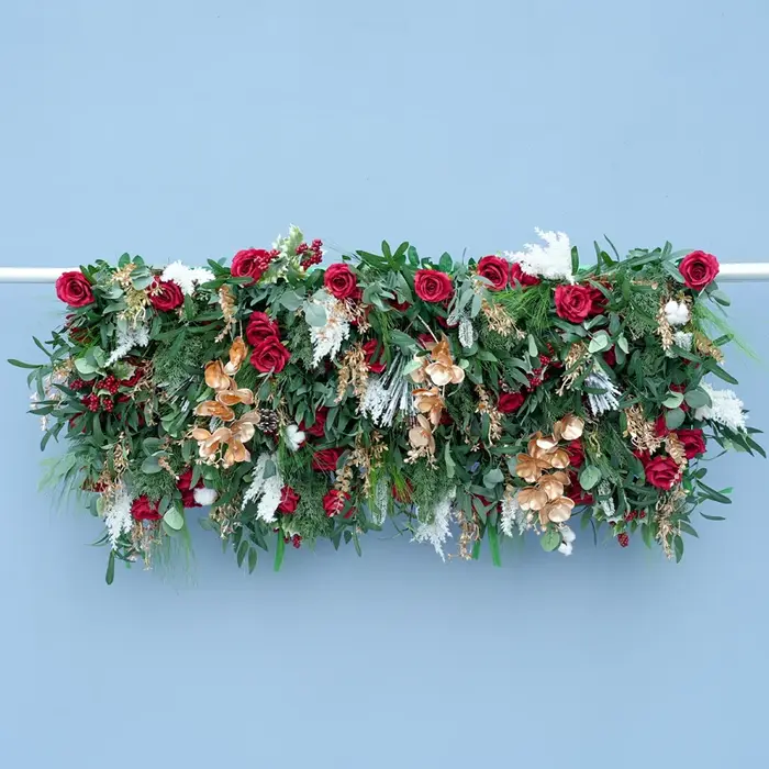 Série de noël Rose rouge vert tissu Base fleur rangée décor mariage toile de fond cadre événement fête scène Arrangement Floral H8777