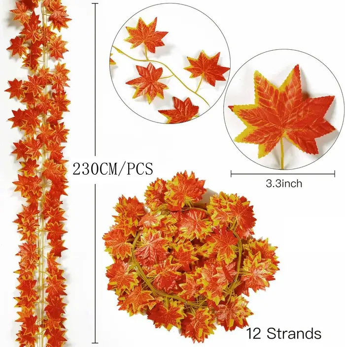 Guirlande de feuilles d'érable artificielles d'automne, 230CM, 12 pièces, fausses plantes, feuilles 