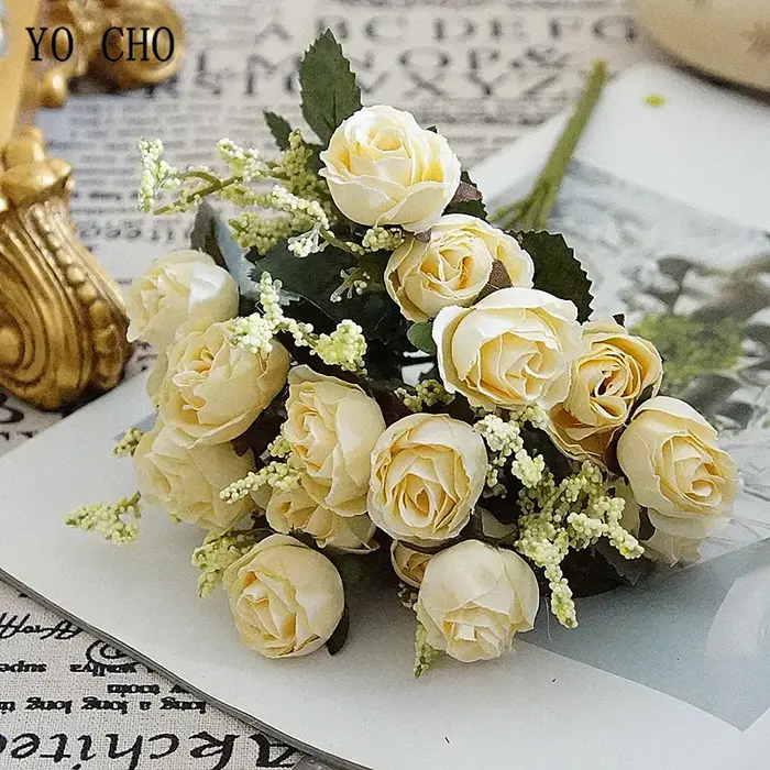 YO CHO Artificielle Soie Rose Fleur pour Fille Mariage Mini Bouquet DIY Home Party Décoration 15 Têtes Champagne Bleu