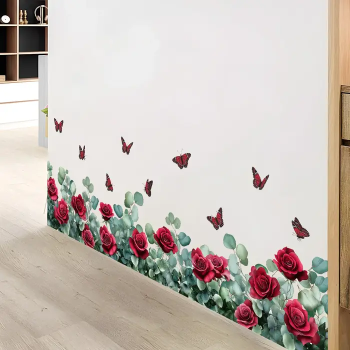 Autocollants muraux rétro Rose rouge, fleurs papillon, peintures murales pour fenêtre en verre, cham