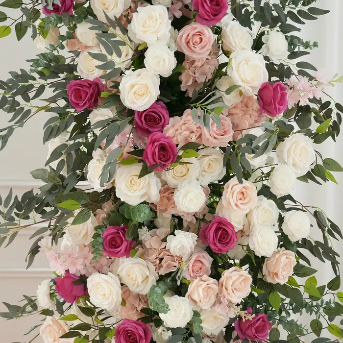 H9094 HMEOT Arche florale artificielle rose vif et feuilles vertes pour décoration de mariage