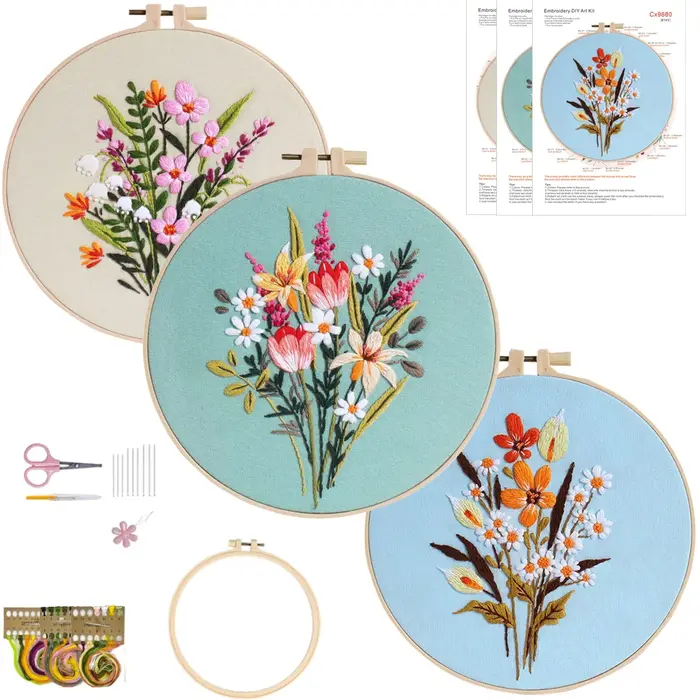 Kit de broderie de Bouquet de fleurs, ensemble de 3 pièces, avec Instruction EN, cerceau, aiguille, 