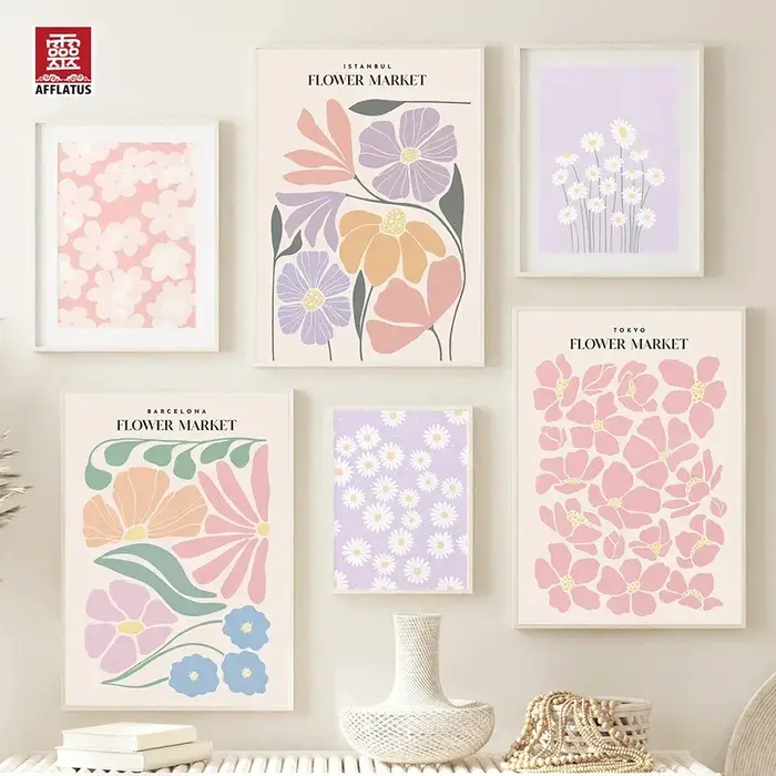 Art mural sur toile de marché aux fleurs colorées et fraîches - Forme de fleur