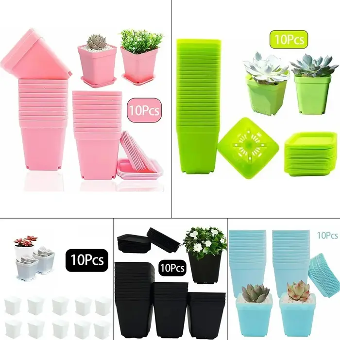 Ensemble de 10 pots de fleurs carrés en plastique avec trous de drainage et plateaux