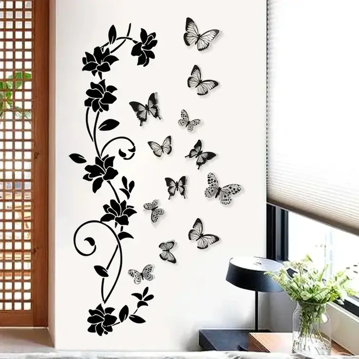 Autocollant mural 3D papillon et fleurs noires