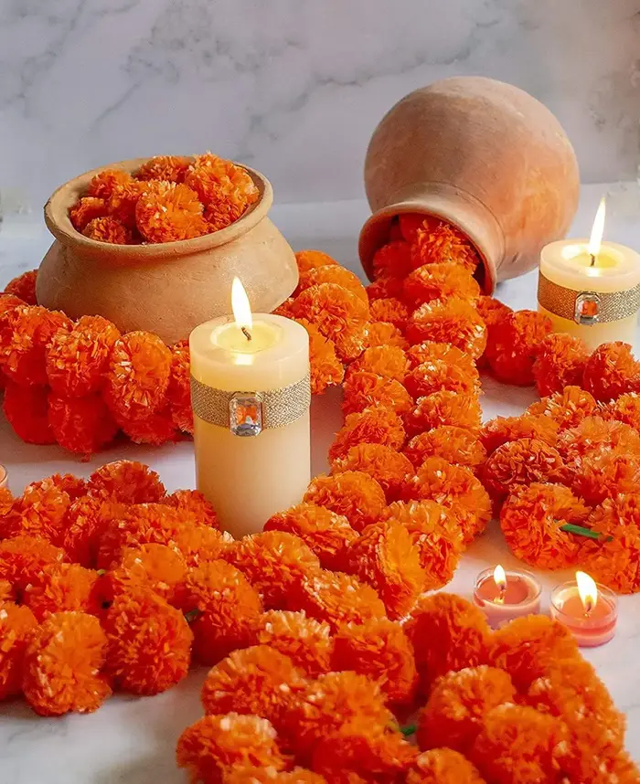 Guirlande de souci pour décoration 10 pièces de 5 pieds (1,52 m) ̃ fleurs de souci artificielles à longues brins, décor indien pour Pooja