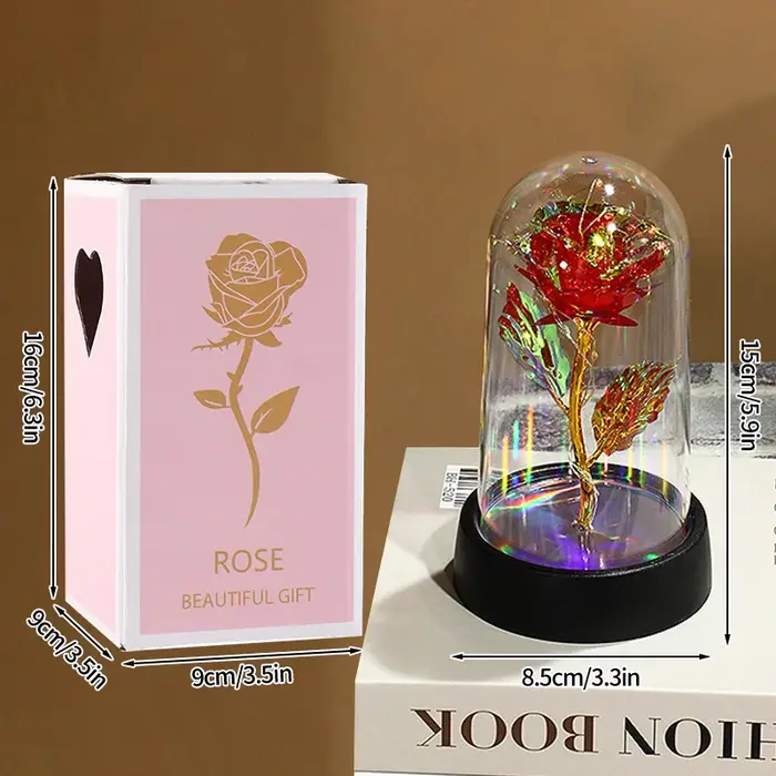 Roses éternelles artificielles en feuille métallique dans un verre, fleurs immortelles, lampe LED ro