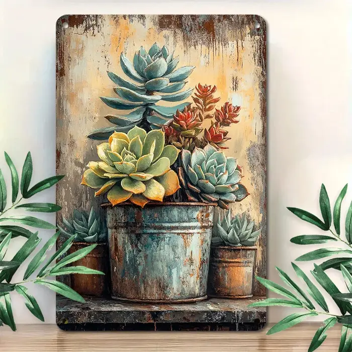 Décoration murale en métal avec motif de plantes succulentes vintage – Plaque botanique rustique en 