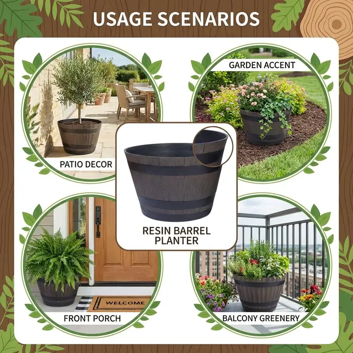 Grand pot de fleurs décoratif en résine en forme de baril en bois pour intérieur