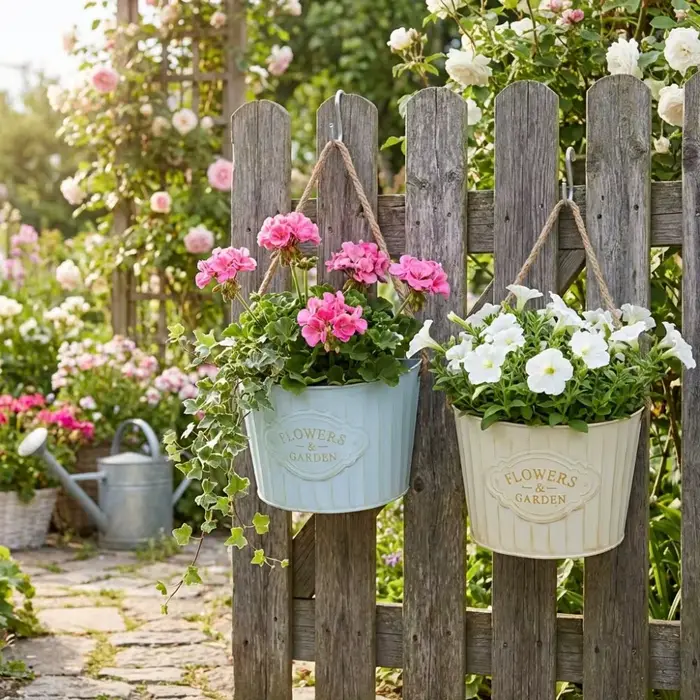 Pot de fleurs suspendu semi-circulaire en fer forgé rétro