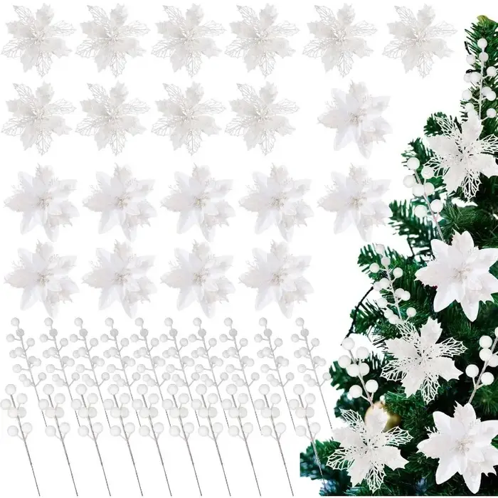 Tiges de fleurs artificielles blanches à paillettes, 3 pièces, décoration d'arbre de noël suspendue,