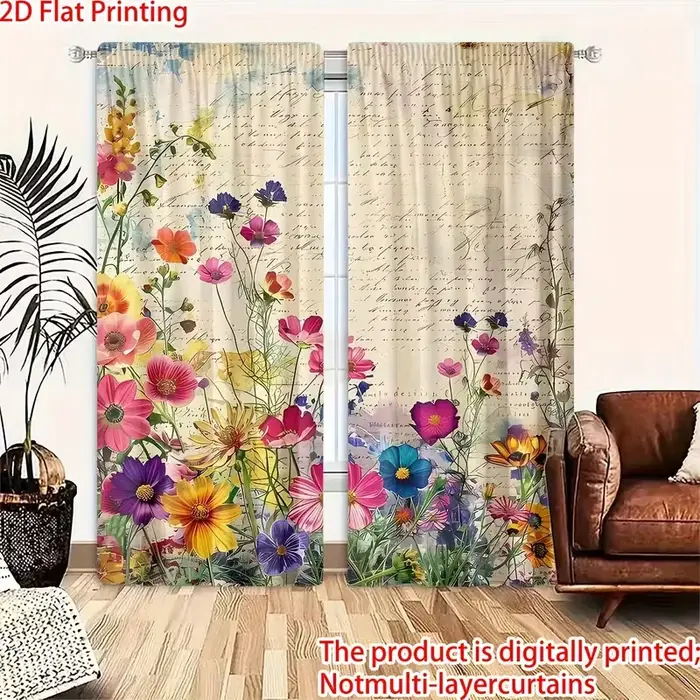 Rideaux transparents vintage à motifs floraux - Impression aquarelle nostalgique pour la décoration du salon et de la chambre à coucher