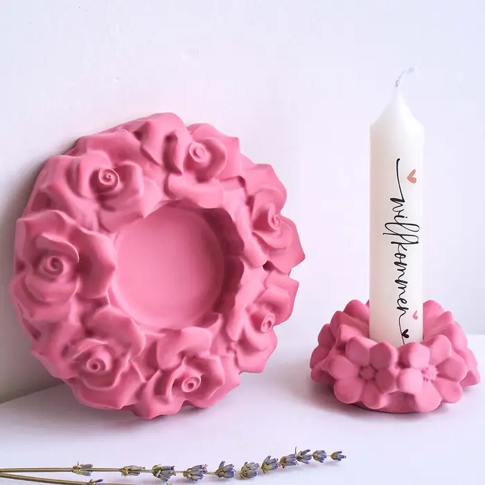Moule en silicone pour bougeoir en forme de fleurs de cerisier et de roses, pour la fabrication artisanale de supports de bougies en plâtre et résine, moules de moulage pour la décoration intérieure