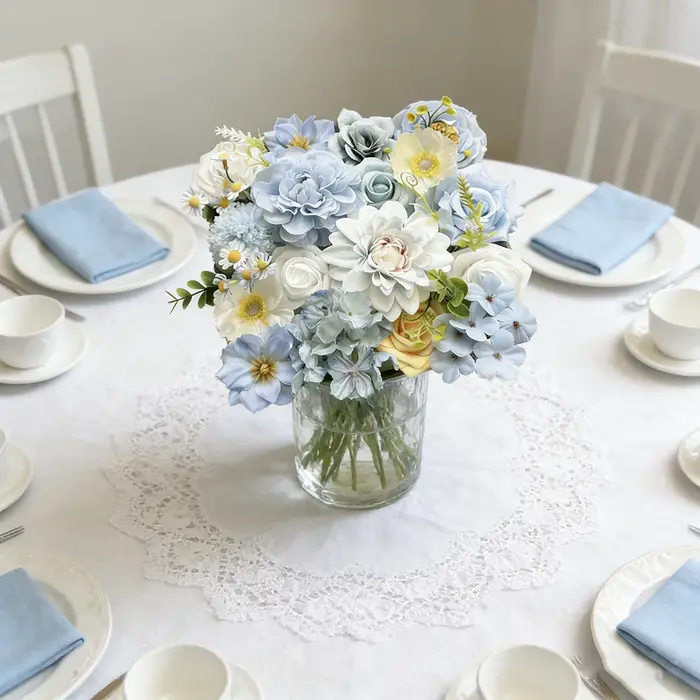 Boîte de fleurs artificielles bleu océan avec tiges pour bouquets de mariage DIY