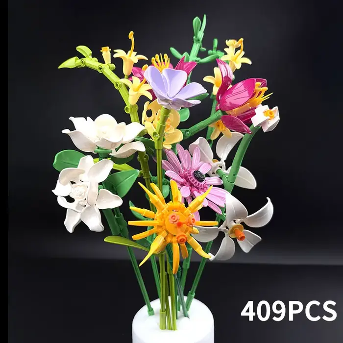Bouquet de fleurs artificielles violets en blocs de construction, modèle de fleur éternelle simulée,