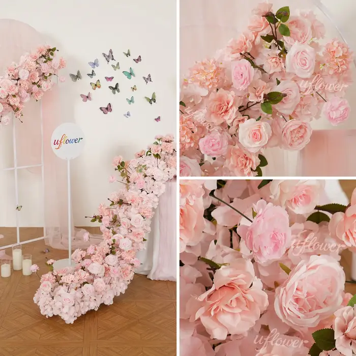 2026 Uflower Rangée de fleurs artificielles roses personnalisées de luxe pour centre de table