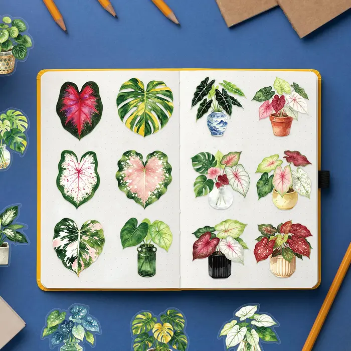 Ensemble de 50 autocollants représentant des plantes de caladium en pot, idéal pour décorer un ordinateur portable, un téléphone, une valise, une guitare, un carnet, une bouteille d’eau, un skateboard