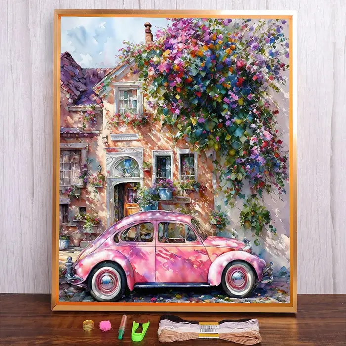 Maison de fleurs bricolage paquet de broderie adultes artisanat rose voiture imprimé couture tricot 