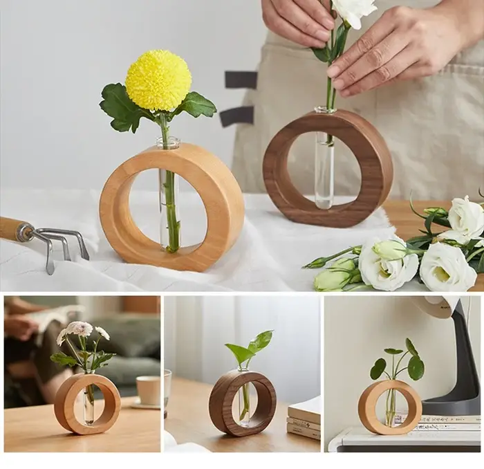 Vase en bois de noyer rond pour tubes à essai – Pot hydroponique minimaliste